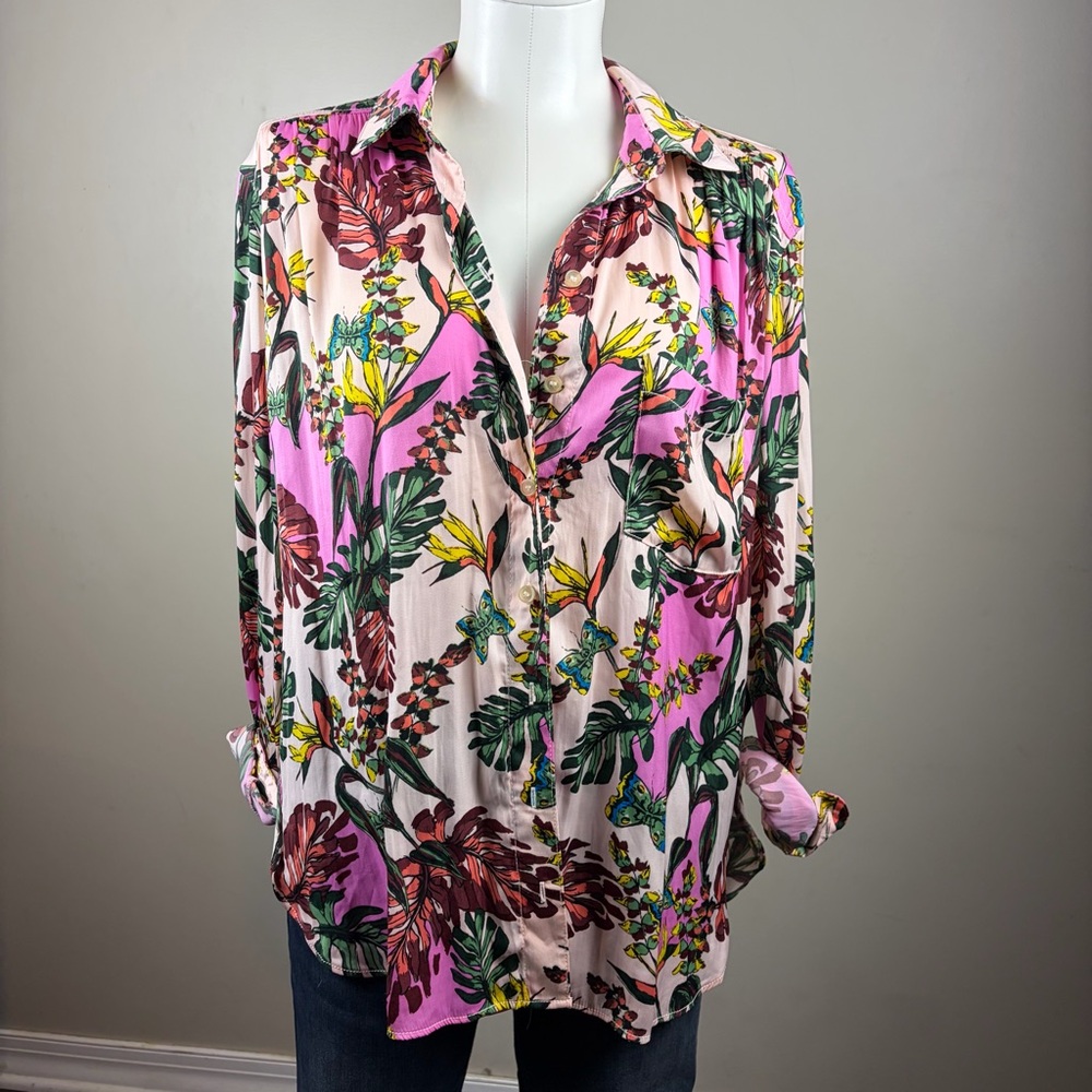 Free People Tropical Floral S Button Down Shirt  Pink and Green Boho